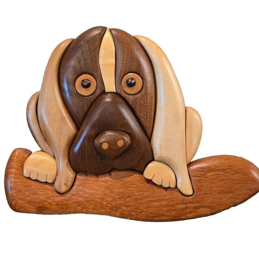 Vtg 1998 Intarsia Wood Art Dog Hanging Plaque Signed Marvin Harlan  7.5"